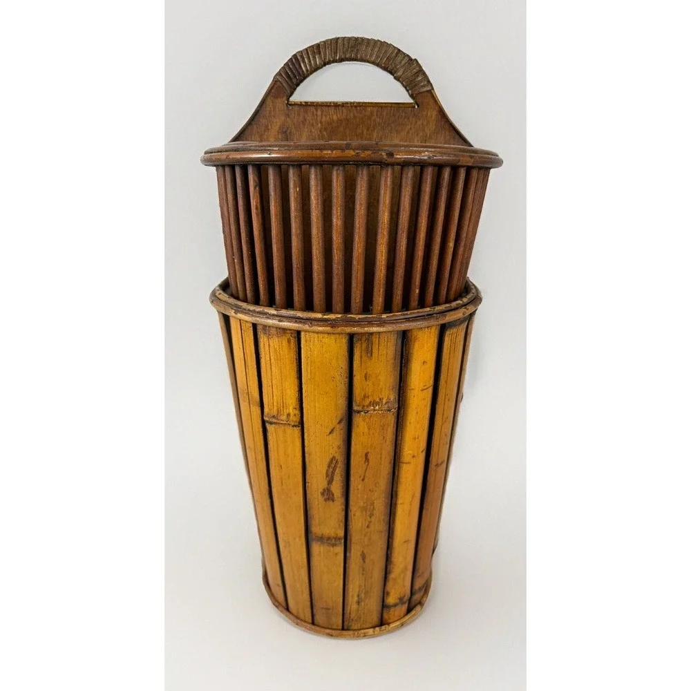 Wooden Split Bamboo-Rattan-Style Slat Basket W/Handle 18